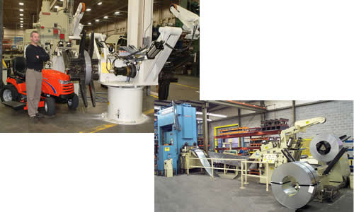 Top - Double end coil reel in production, Press feed line with 10,000 lb. coil reel - bottom