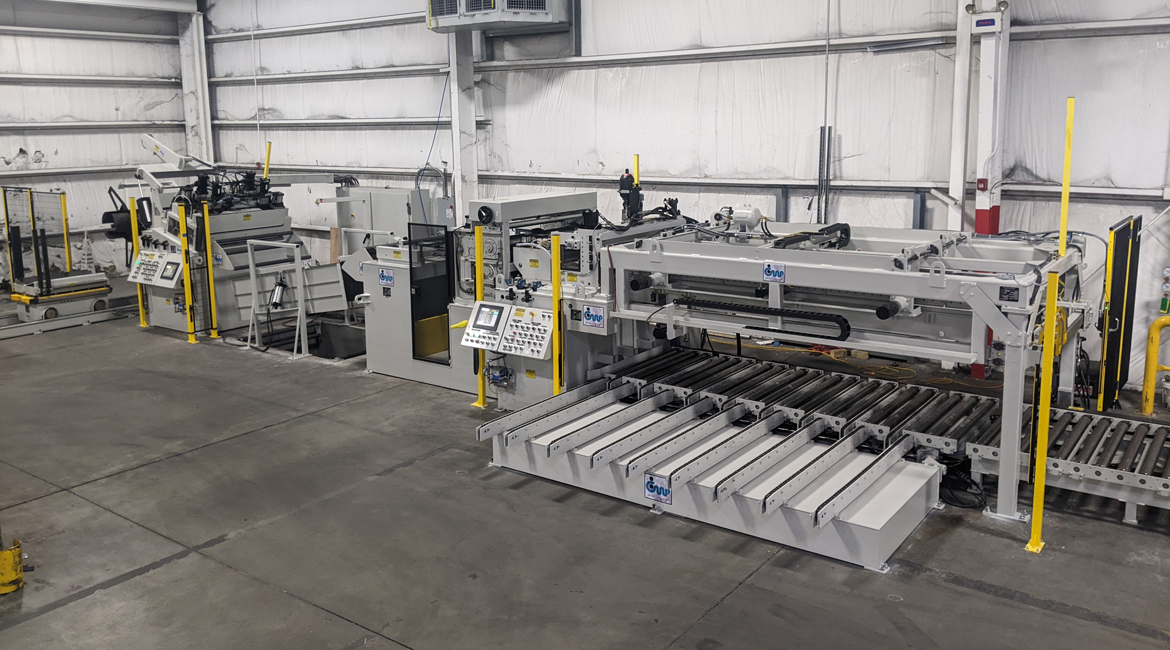 48 x 0.093 x 144 x 10,000 lb. Cut-to-Length System, cut-to-length, ctl, cut line, part blanking, stacking, blanking line, cut to length line, coil processing line, coil line, turnstile, coil turnstile, coil tree, turn stile, coil holder, stock reel, uncoiler, coil reel, payoff reel, pull-off reel, pull-off stock reel, pull-off style payoff, coil reel, coil car, coil cart, coil buggy, coil storage rack, coil rack, hold-down peeler station, hold down peeler, hold-down arm, hold down arm, powered rider roll, powered wheel, hold-down wheel, peeler table, peeler blade, handwheel edge guides, stock guides, edge guides, straightener, powered stock straightener, stock straightener, metal coil straightener, slitting, slitter, slitting arbor, slitter blades, multi-blanking, edge trimming, edge trim, multi-blank, slit coil, threading tables, looping pit tables, servo feed, servo roll feed, servofeed, 4-roll feed, four roll feed, roll feed, press feed, cutoff shear, hydraulic shear, bow-tie shear, cutoff, runout conveyor, runout & inspection conveyor, inspection conveyor, belt conveyor, reject conveyor, reject station, reject belt conveyor, reject belt station, stacker, drop stacker, direct drop stacker, pull-back stacker, air stacker, part stacker, load conveyor, pallet load conveyor, discharge conveyor, chain conveyor, roller conveyor, touchscreen, touchscreen control, consolidated control, total system control, full-color touchscreen, touchscreen HMI, powered high lift head, powered roll adjustment, powered head, high rise head, perimeter guarding, perimeter fence